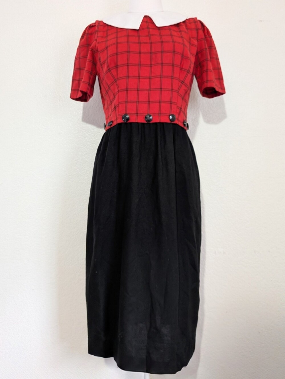 Vintage 1970s Leslie Fay Red Plaid Bodice with Black Midi Skirt No Size Tag